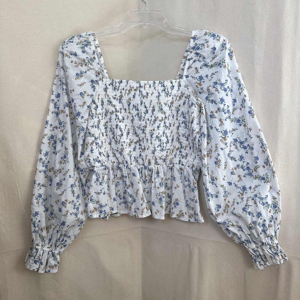 DIZZY lizzy Square Neck Floral Smocked Peplum Top Sz S‎ White L/S Peasant Boho - Picture 2 of 10
